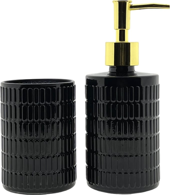 Zeeppomp - Zeepdispenser & Glas / Tandenborstelhouder - Zwart
