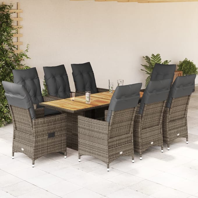 vidaXL - 9-delige - Tuinset - met - kussens - poly - rattan - grijs