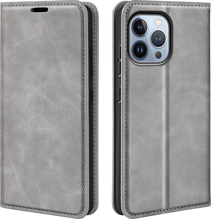 MobyDefend Hoesje - Geschikt voor iPhone 14 Pro Max - Luxe Wallet Bookcase (Magnetische Sluiting) - Grijs