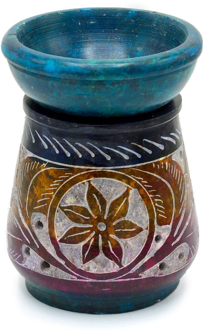 Kleine gekleurde zeepsteen oliebrander 8 cm - Bloem