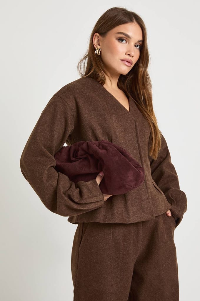 boohoo Dames Wollook geplooide blazer met vatmouwen | Chocolate | Maat: 8