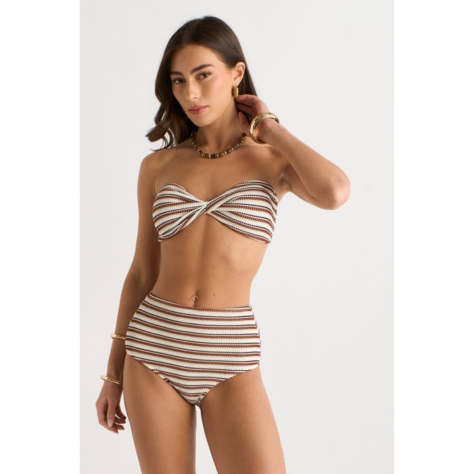 Bikinibroekje met hoge taille en bruine strepen met textuur