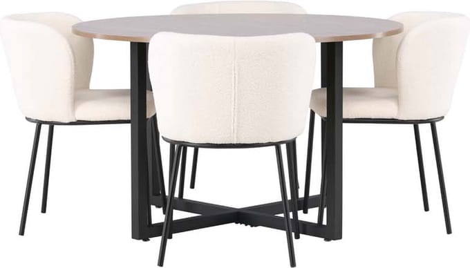 Durango eethoek tafel okkernoot decor en 4 Edina stoelen wit.
