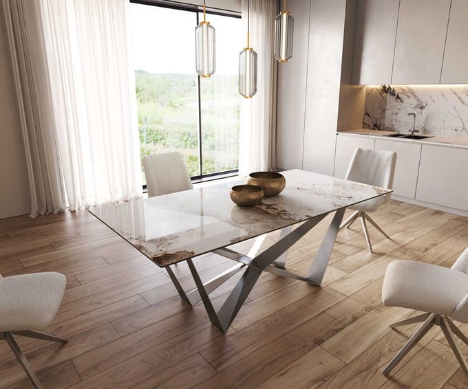 Eetkamertafel Edge keramiek Minas Melange wit-beige 200x100 spider vlak staal RVS