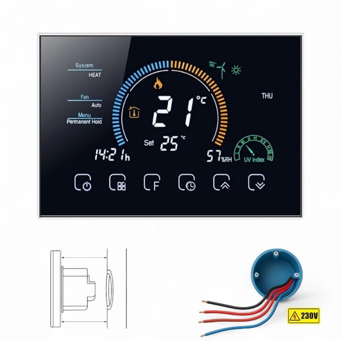 Thermostaat inbouw | Wifi touchscreen | 4-draads 230V 3A | Tuya Smart Life | Zwart