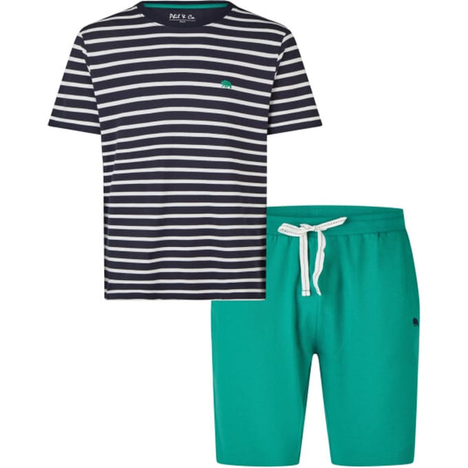 Phil & Co Heren Shortama Korte Pyjama Set Donkerblauw/Groen Gestreept - Maat M