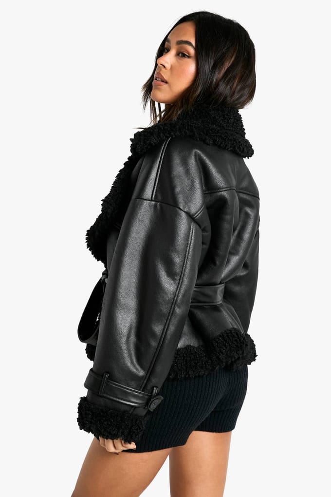 boohoo Dames Luxe Teddy Trim Met Ceintuur Pilotenjas | Zwart | Maat: 42