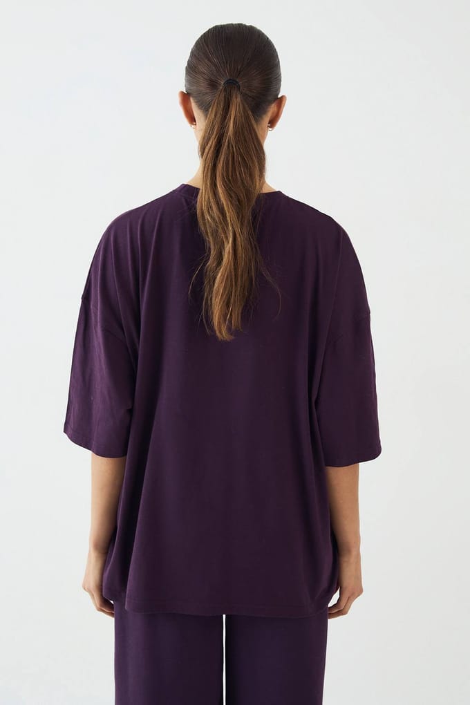 Dames DSGN Studio Badstof Applique Oversized T-Shirt | Aubergine | Maat: Small