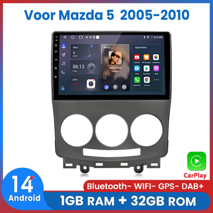 Awesafe Carplay Android 14 Autoradio - Geschikt Voor Mazda 5 2005 t/m 2010 - Draadloos Apple Carplay & Android Auto - 1GB + 32GB - 4 Core processor - Bluetooth & Wifi GPS Navigatie