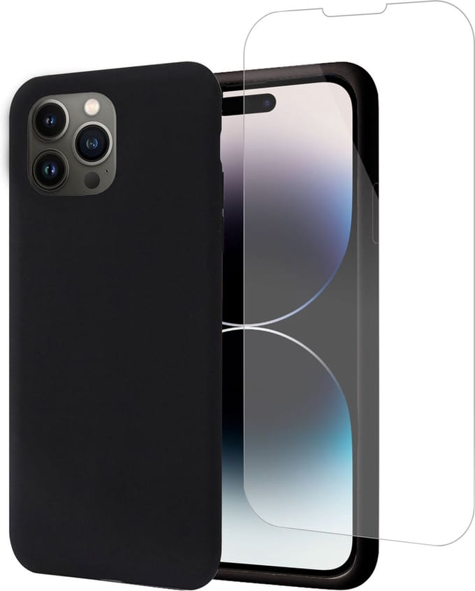 Hoesje geschikt voor iPhone 14 Pro Max + Screenprotector – Tempered Glass - Liquid Back Case Cover Zwart