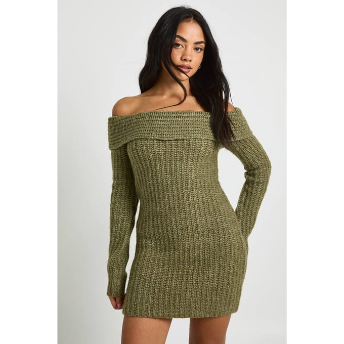 boohoo Dames Chunky Knit Bardot Mini Jurk | Khaki | Maat: Medium