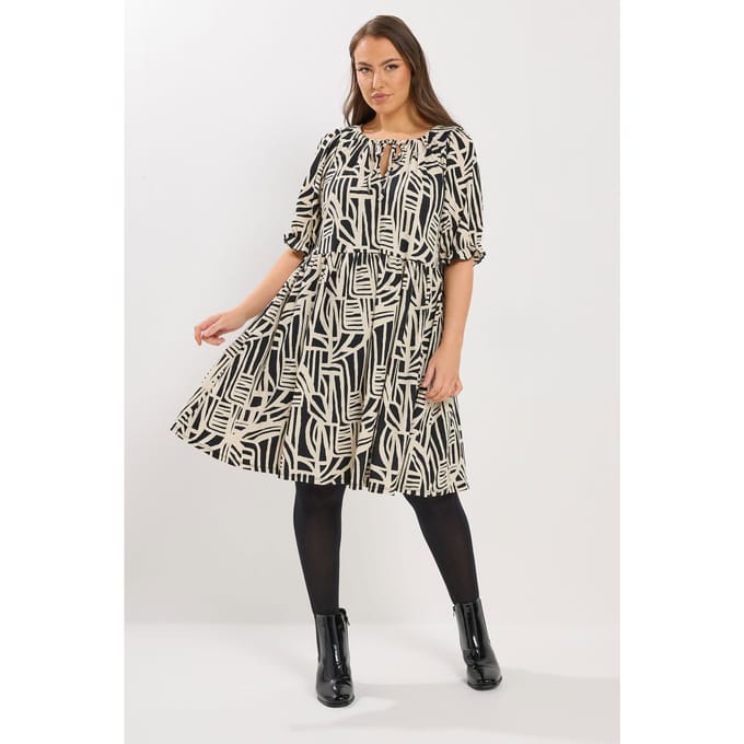 Yours Zwarte Abstracte Jurk Met Strik Aan De Hals Size 46