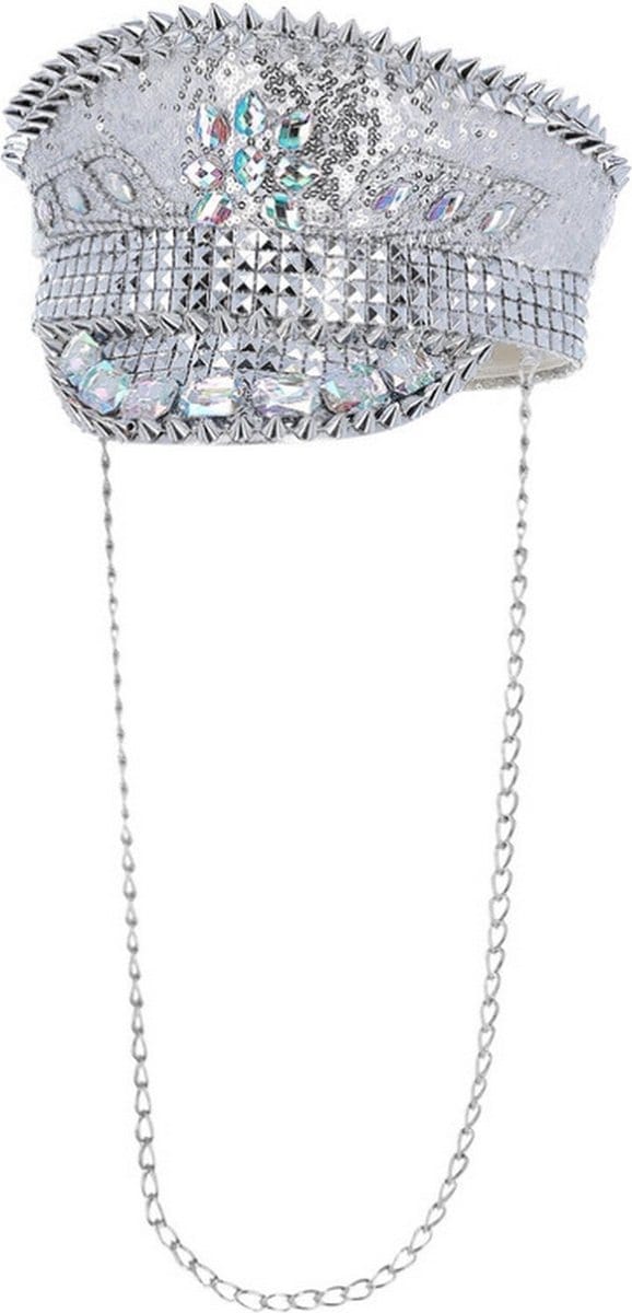 Fever - Deluxe Sequin Studded Captains Hat Kostuum Hoed - Zilverkleurig