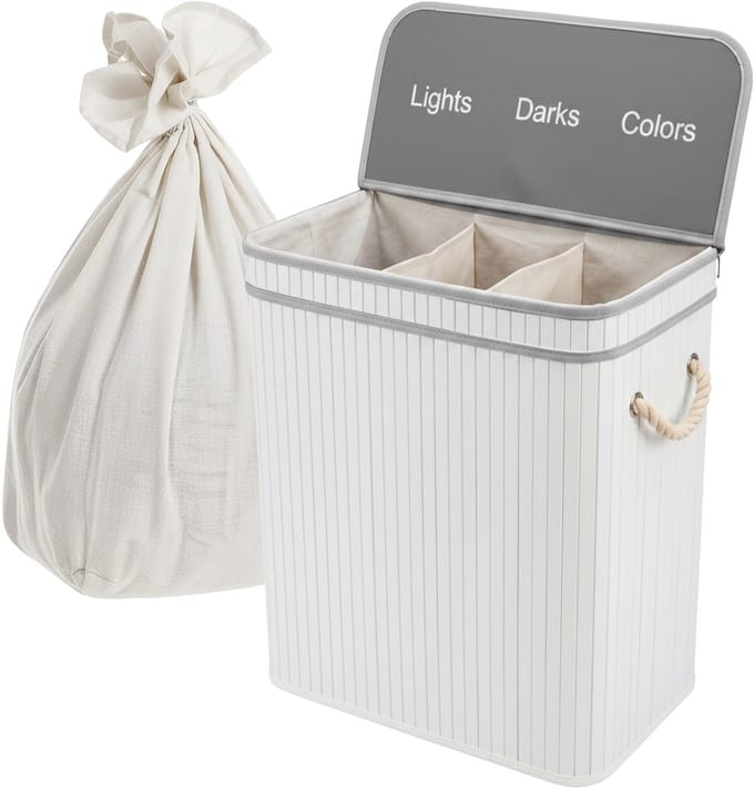 Wasmand 3 vakken - 105 l - opvouwbaar - bamboe - wit