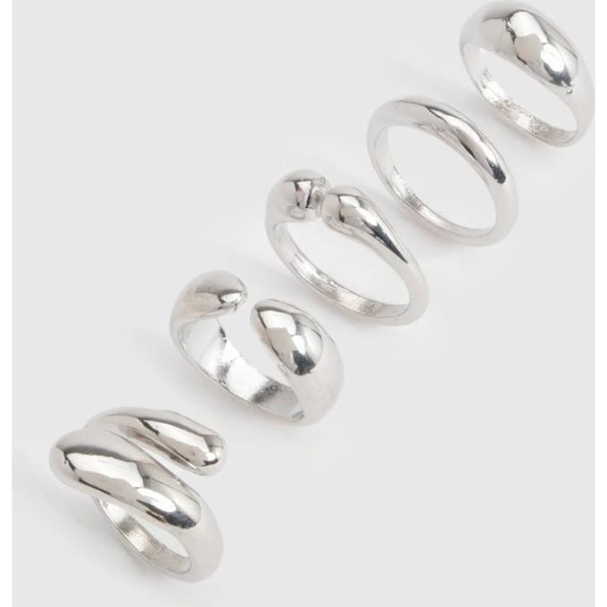 boohoo Dames Zilverkleurige Chunky Abstract Ringen 5-pack | Maat: Small/Medium
