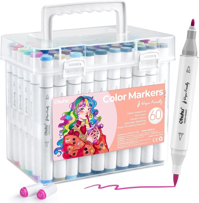 Alcohol Markers - Highlighters - Waterbased - Dubbele punt - 60 Kleuren - Voor Creatieve Volwassenen