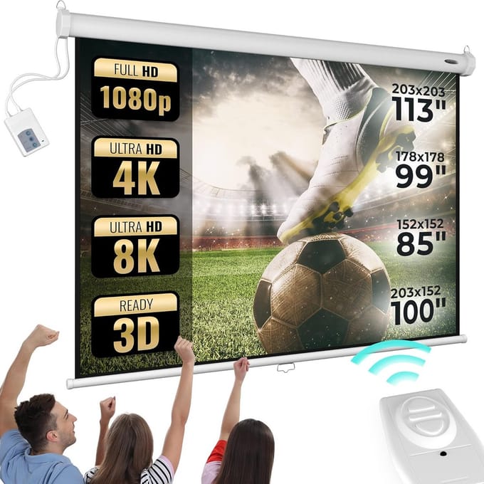 Motorized Projection Screen - 178x178cm, 99 inch, HDTV, 4:3/16:9, Adjustable with Remote Control