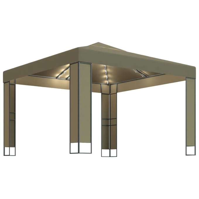 vidaXL - Prieel - met - dubbel - dak - en - LED-lichtslinger - 3x3x2,7 - m - taupe