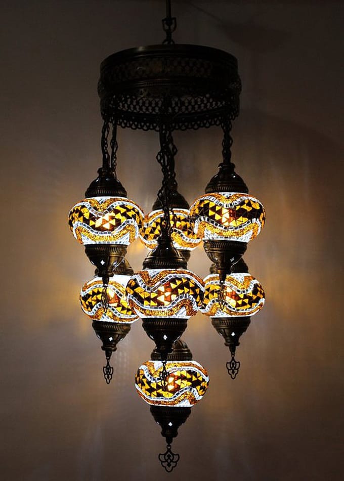 Turkse hanglamp - mozaïek glas bruin - 7 bollen - hoogte 145 cm