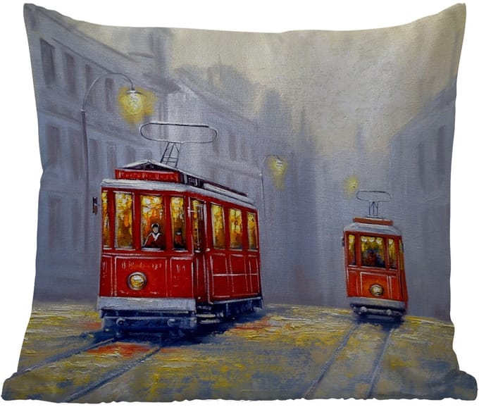Tuinkussen - Schilderij - Tram - Stad - Olieverf - 40x40 cm - Weerbestendig