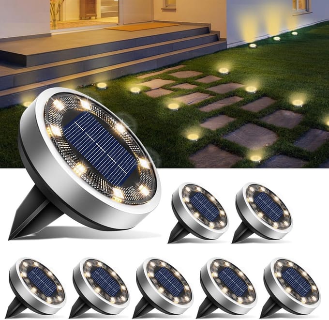 Set van 8 Solar Bodemspots met Warm Witte LED Verlichting voor Tuin en Oprit