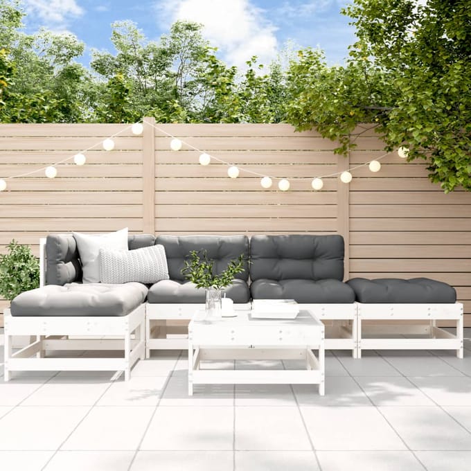 vidaXL - 6-delige - Loungeset - met - kussens - massief - hout - wit