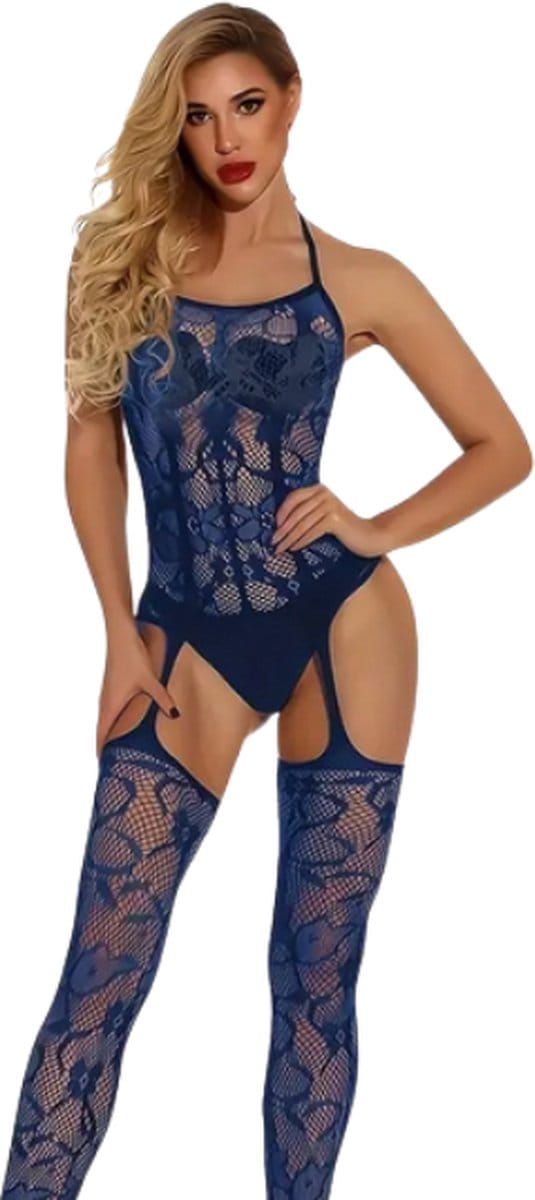 LekkerStout Plus Size Jarretel Bodystocking - Navy Blue - Sexy Lingerie | M-XL | ( LS090 )