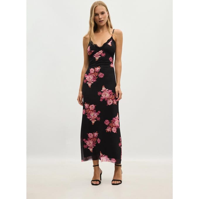 Stradivarius Midi-jurk van tule met kant en print  Zwart L