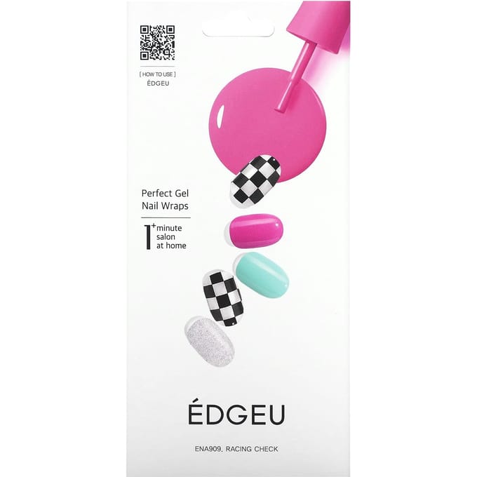 Edgeu, Perfect Gel Nail Wrap, ENA909, Racing Check, lot de 16 bandes pink