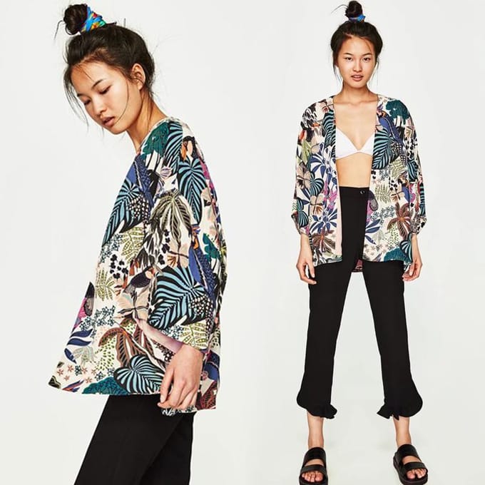 Kimono de plage en mousseline pour femme Motif papillons oiseaux feuilles Ouverture devant Coupe ample Fine Par-dessus de bikini S vert