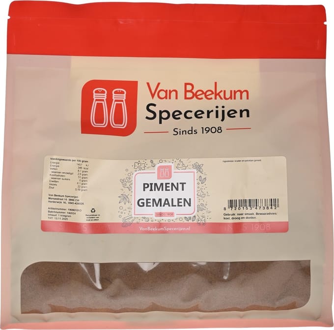 Van Beekum Specerijen - Piment Gemalen - 1 KG (hersluitbare stazak)
