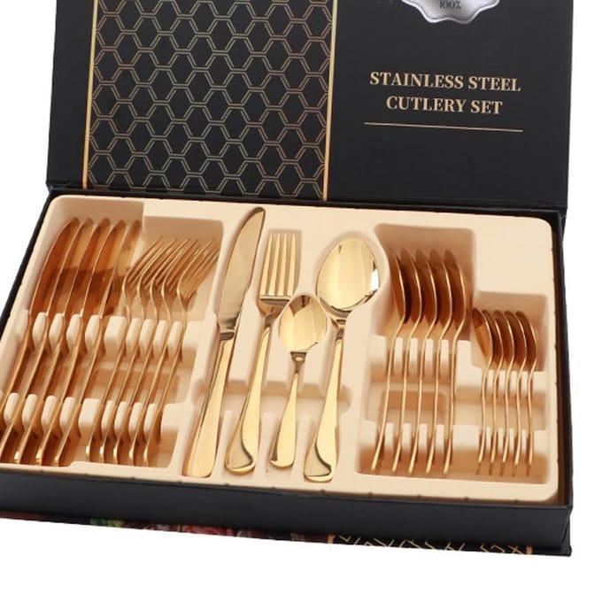 Bestekset RVS Glanzend 24 Stuks Steakmes Vork Lepel Set voor Restaurant Goudkleurig goud