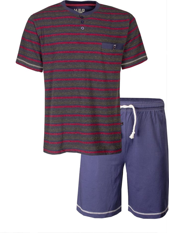 MEQ Heren Shortama - Polo Sluiting - Pyjama Set - Katoen - Blauw - Maat M