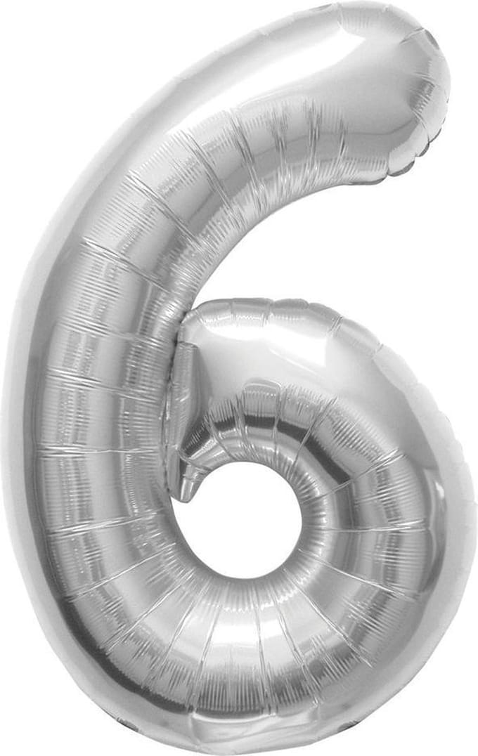 Zilverkleurige cijferballon cijfer 6 - 86 cm
