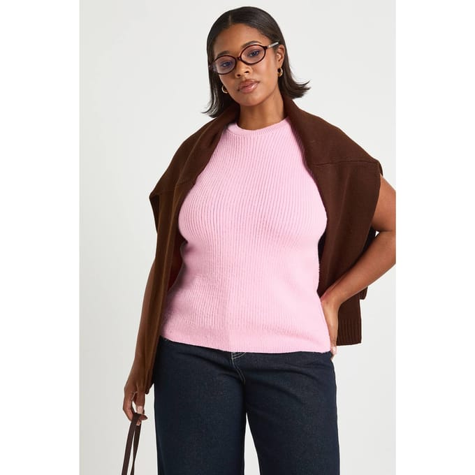 boohoo Dames Plus Gebreide Vest met ronde hals | Pink | Maat: 28
