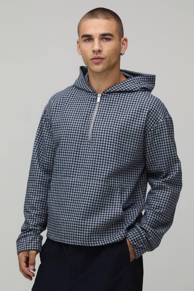 Oversized Check Quarter Over The Head Over Shirt | Grey | Size Medium