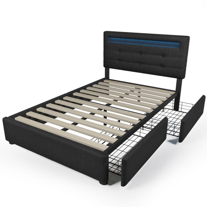 COVREO Bedframe 90x200 cm zwart, LED, 2 lades, matras inbegrepen