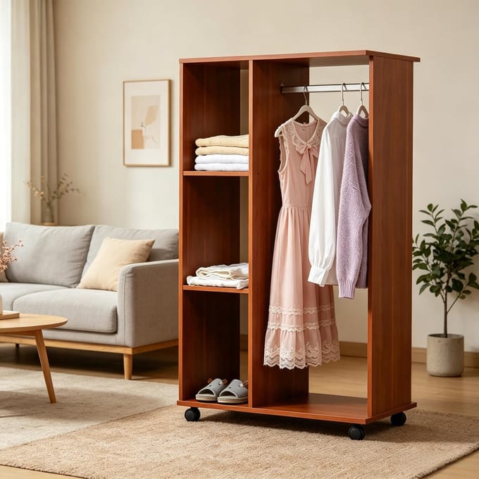 Clruro Open Kledingkast - 80 × 40 × 128 cm - Open Design - Spaanplaat + Aluminium - Walnoot