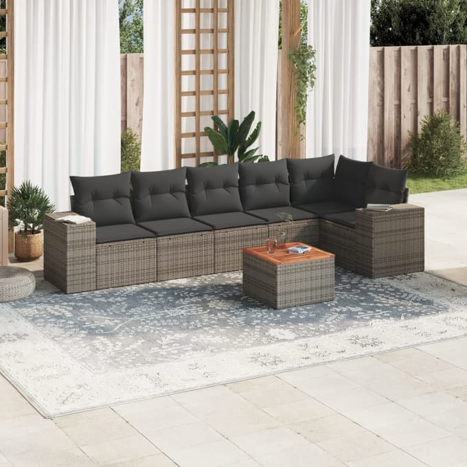 vidaXL - 7-delige - Loungeset - met - kussens - poly - rattan - grijs