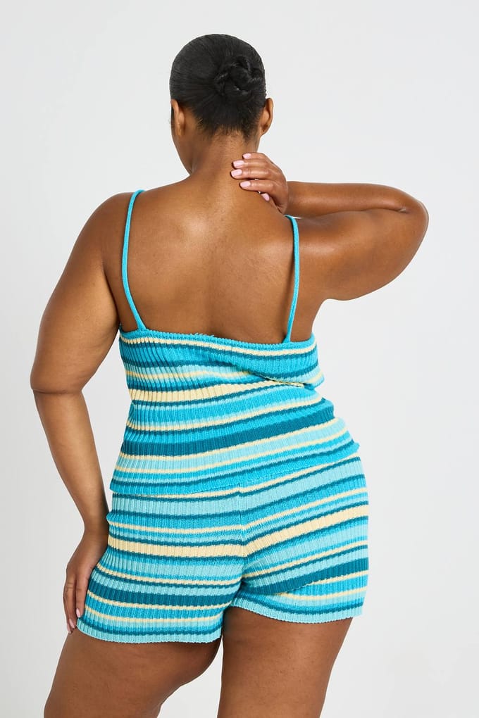 boohoo Dames Plus Gebreide Gestreepte Strandshort | Blauw | Maat: 48-50