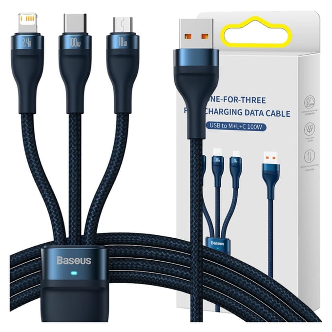 Baseus - Flash - Series-kabel USB - USB Type C / Lightning / micro-USB - 100 - W - 1,2 - m - blauw - (CASS030003)