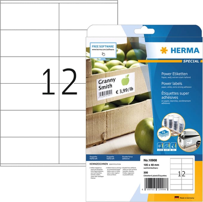 Etiket herma power 10908 105x48mm wit 300st | 32 stuks