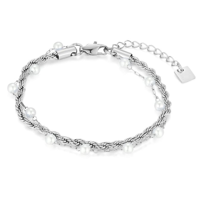 Twice As Nice Armband in edelstaal, dubbel met parels 16cm+3cm