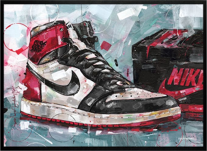 Sneaker print shoebox black toe 71x51 cm *ingelijst & gesigneerd