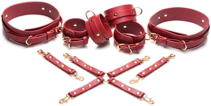 crimson captive - dijbeen, pols en enkel hog tie beperkingen - rood