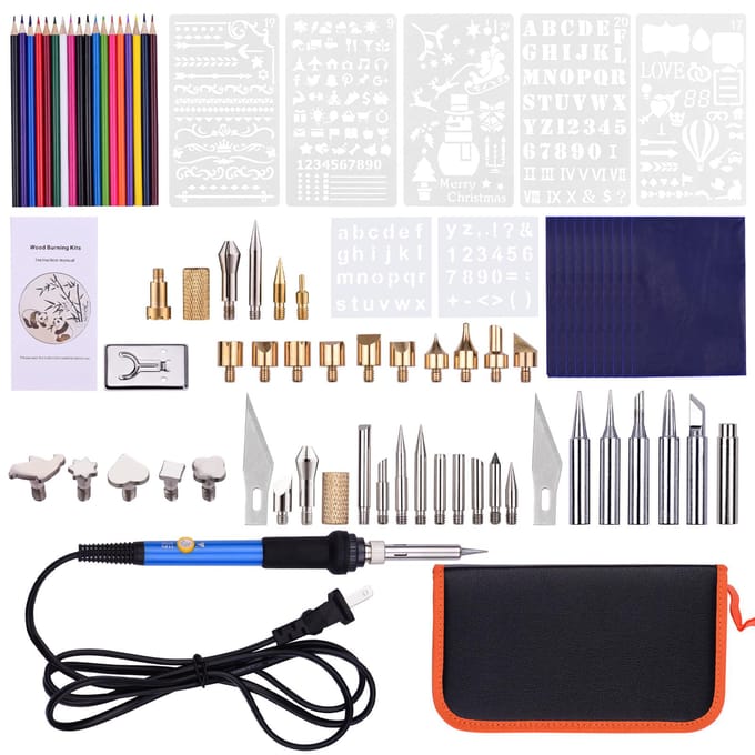 79PCS houtverbrandingsgereedschapsset Professionele Pyrography Pen Soldeerbout Set Verstelbare temperatuur US Plug blauw