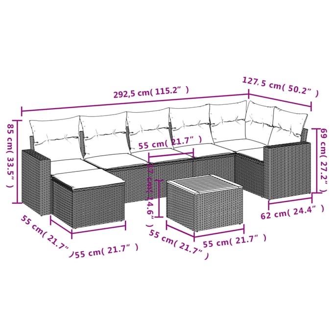 vidaXL - 8-delige - Loungeset - met - kussens - poly - rattan - grijs