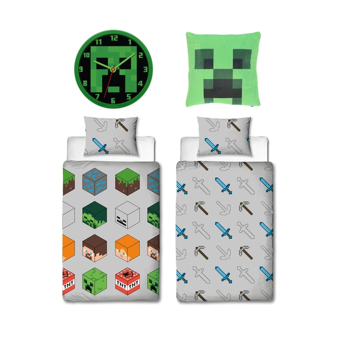 Minecraft slaapkamerset; dekbedovertrek, kussen en klok