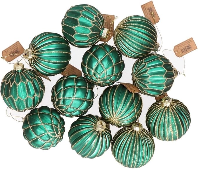 Kerstballen - groen met zilver - 12 stuks - glas - 8 cm
