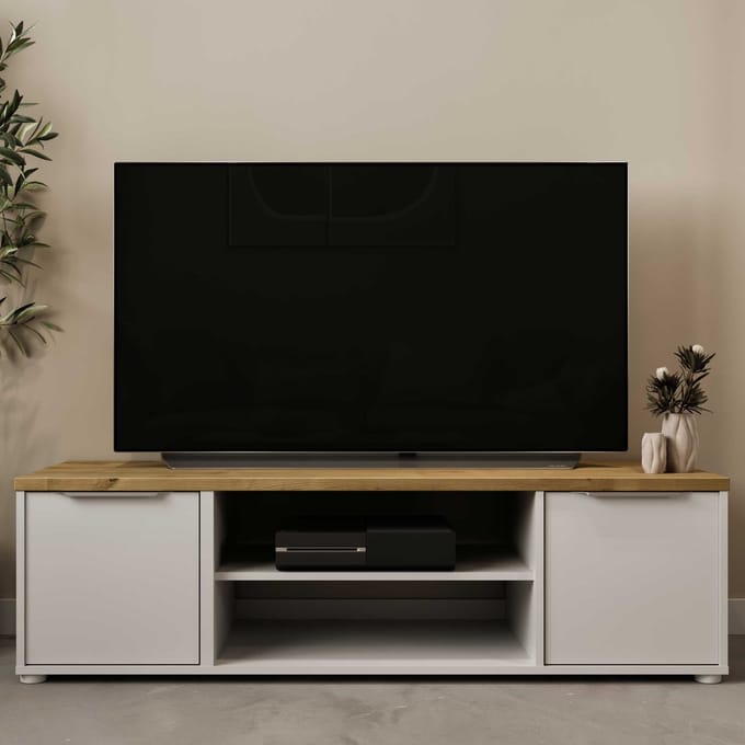 CALICOSY - Meuble TV 2 portes et 2 niches décor chêne et blanc L135 cm - ACCESS